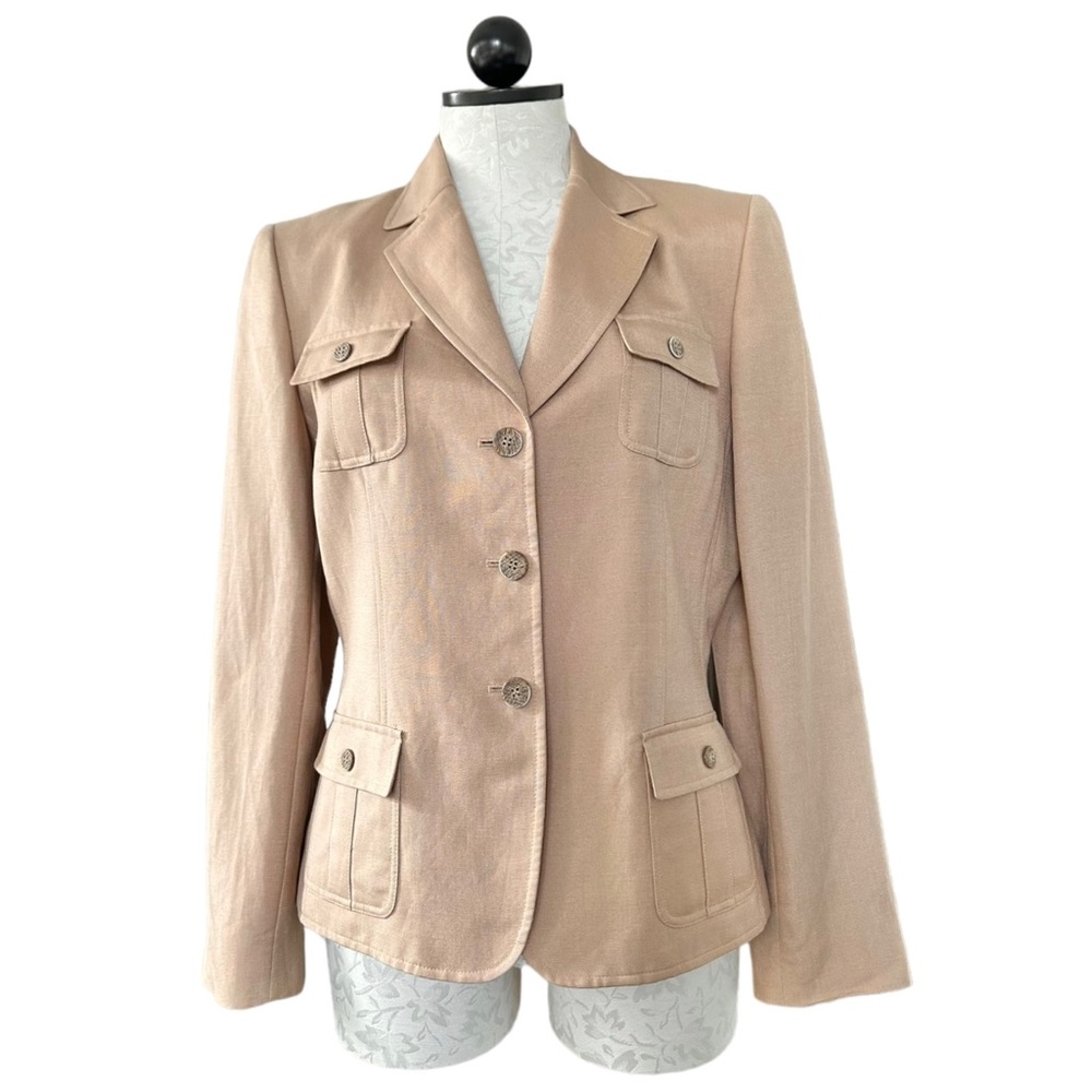 Tahari New Linen Rayon Jacket Button Front 4 Patch Pockets Lined Size 10